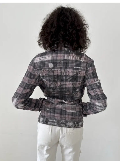 Distressed Plaid Denim Jacket【s0000014200】