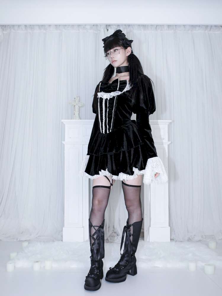 Bow Black Velvet Paneled Lace Dress【s0000014680】