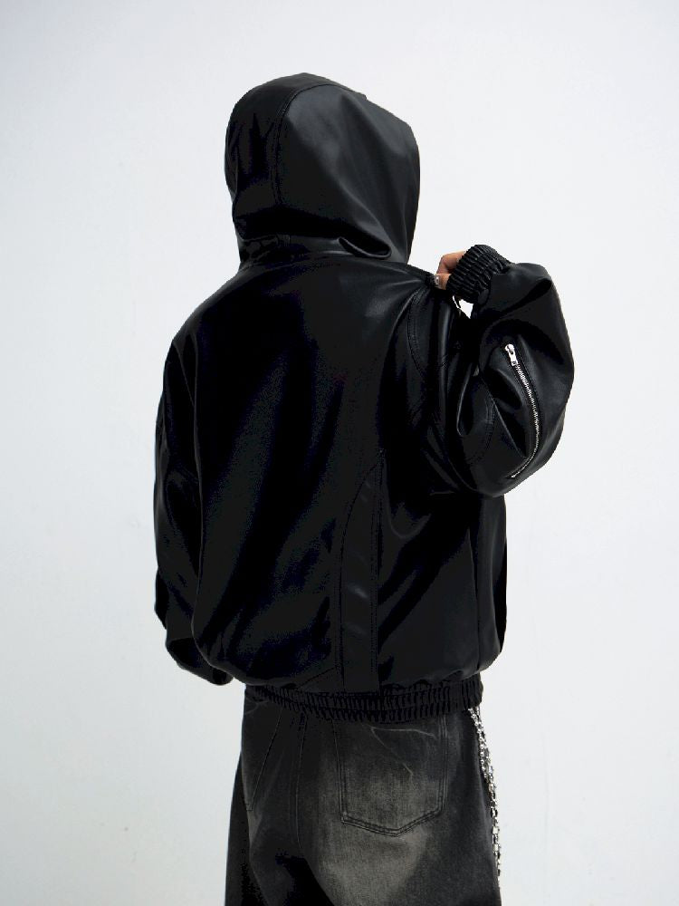 PU Leather Black Hooded Sweatshirt【s0000011348】