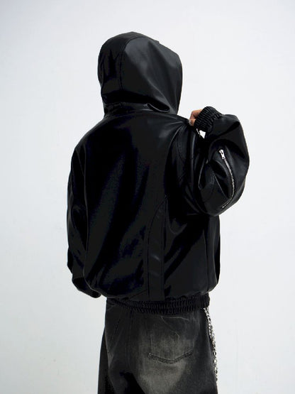 PU Leather Black Hooded Sweatshirt【s0000011348】