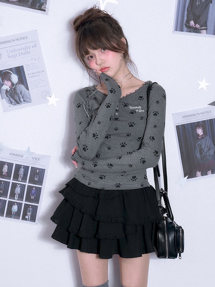 V-neck Long Sleeve Slim Printed Gray T-shirt【s0000011663】