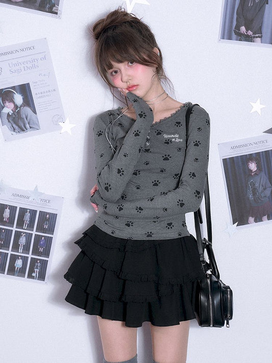 V-neck Long Sleeve Slim Printed Gray T-shirt【s0000011663】