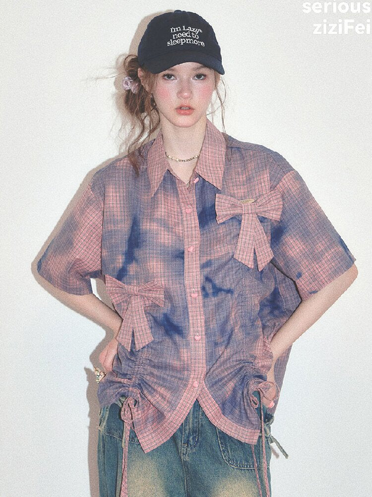 Distressed Plaid Bow Short Sleeve Shirt【s0000017755】