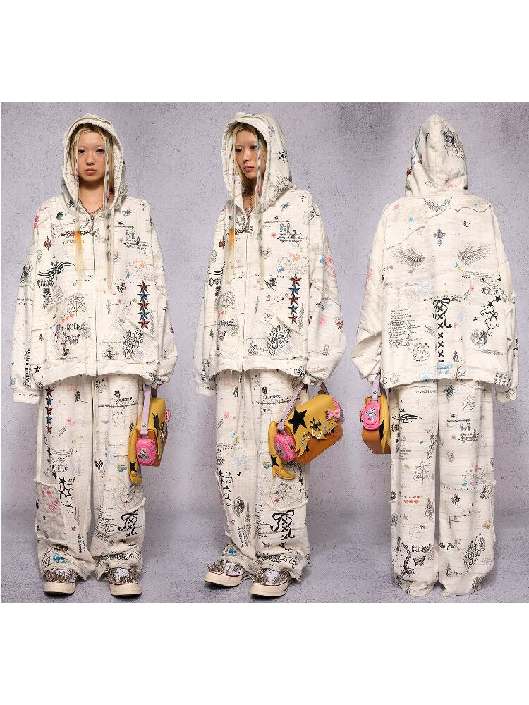 Torn Manuscript Print Sweatshirt Jacket【s0000018735】