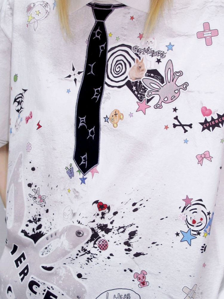 Sticker Print Embroidered Tie Polo Shirt【s0000013881】