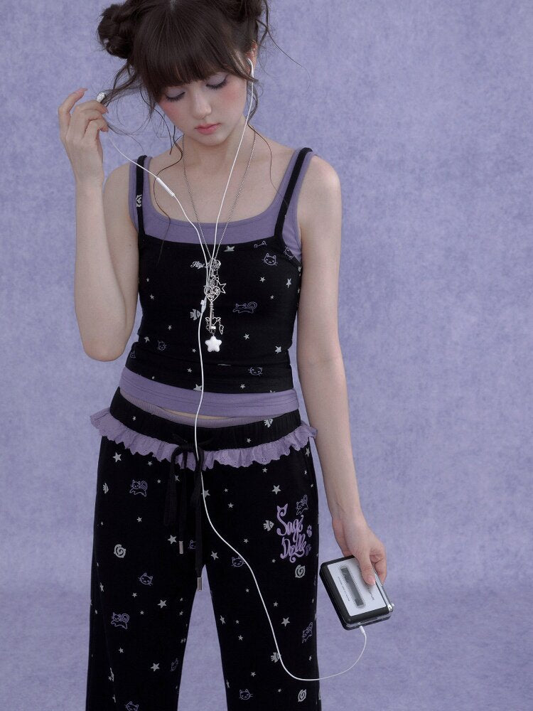 Black Purple Lace Print Trousers【s0000016649】