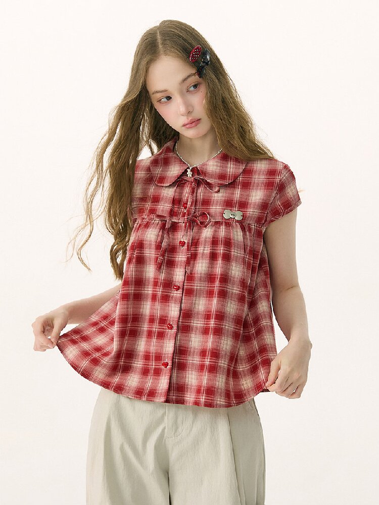 Doll Neck Bow Plaid Preppy Shirt【s0000016850】