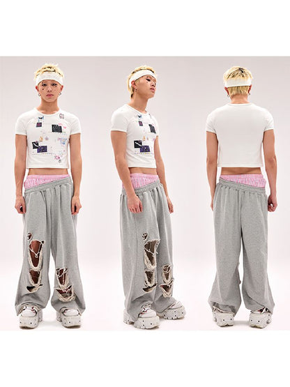 Fake Pants Slanting Ripped Sweatpants【s0000012179】