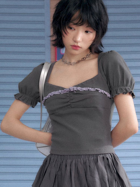 Square Neck Lace Bubble Sleeve Top【s0000013370】