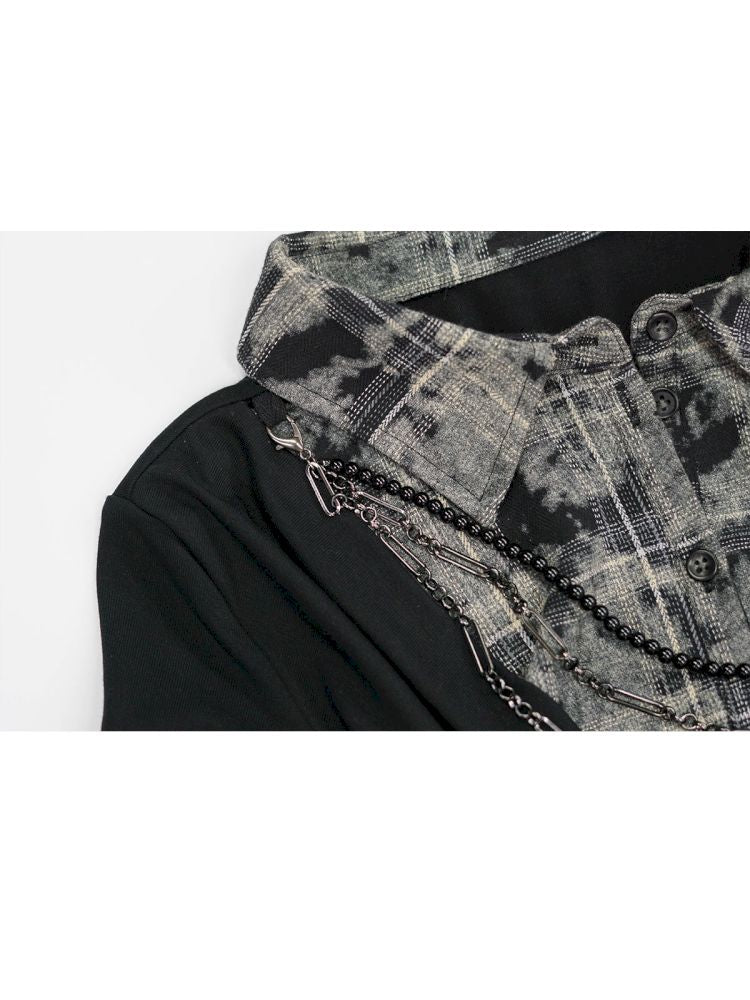 Plaid Tie-Dye Black Swing Neck Long Sleeve Blouse【s0000013887】