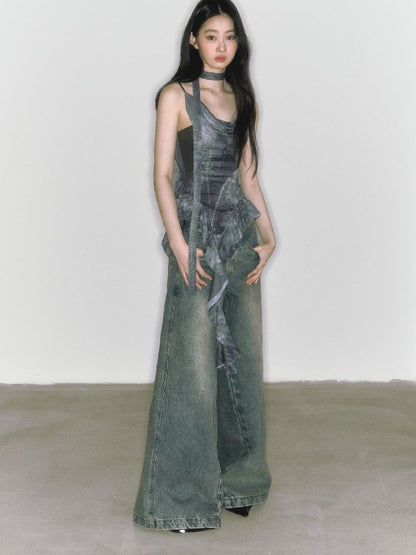Wide-leg broken holes micro-laundry jeans【s0000012140】