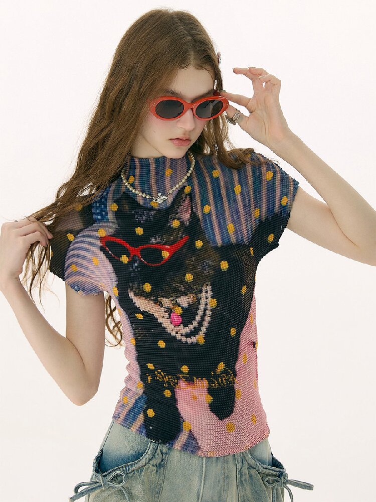 Polka Dot Cat Pleated T-Shirt【s0000016853】
