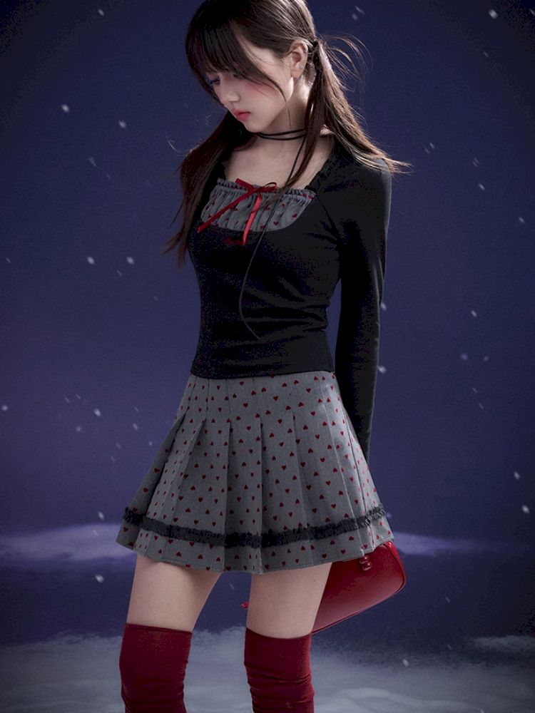 Red Sweetheart Patchwork Top【s0000011657】