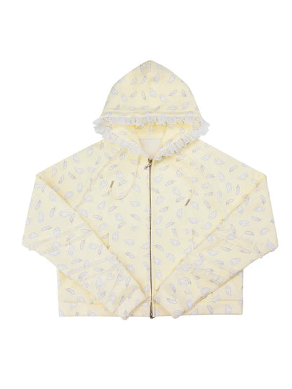 Wing Feather Print Lace-Trim Hoodie【s0000014096】
