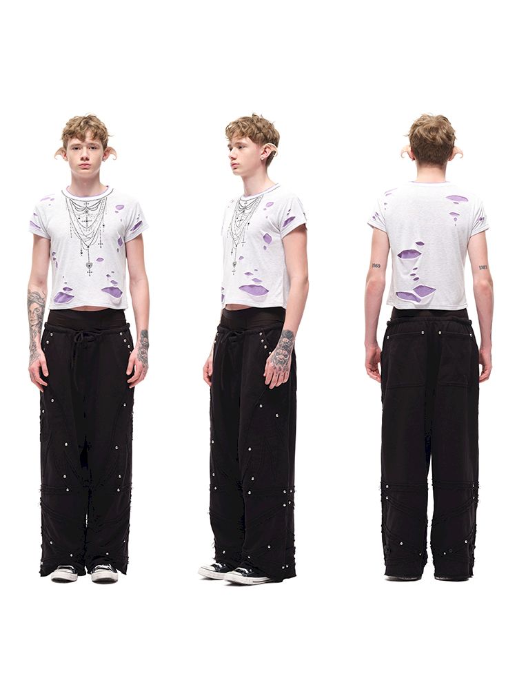 Rhinestone necklace ripped t-shirt【s0000012596】