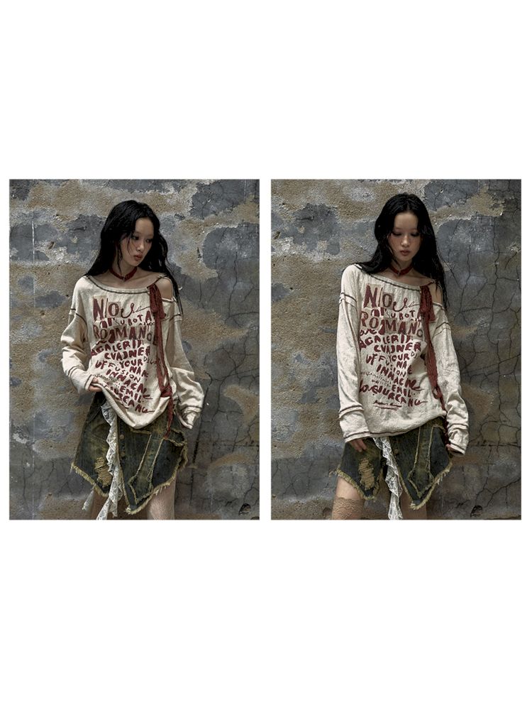 Lace Printed Loose Top Long Sleeve T-Shirt [S0000009751]