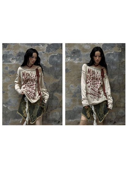 Lace Printed Loose Top Long Sleeve T-Shirt [S0000009751]