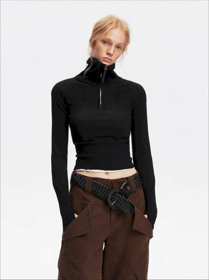 Half-Turtleneck Zip Knit Long-Sleeve T-Shirt【s0000014876】