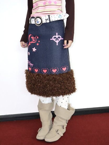 Heartbeat Print Denim Fleece Skirt【s0000018670】