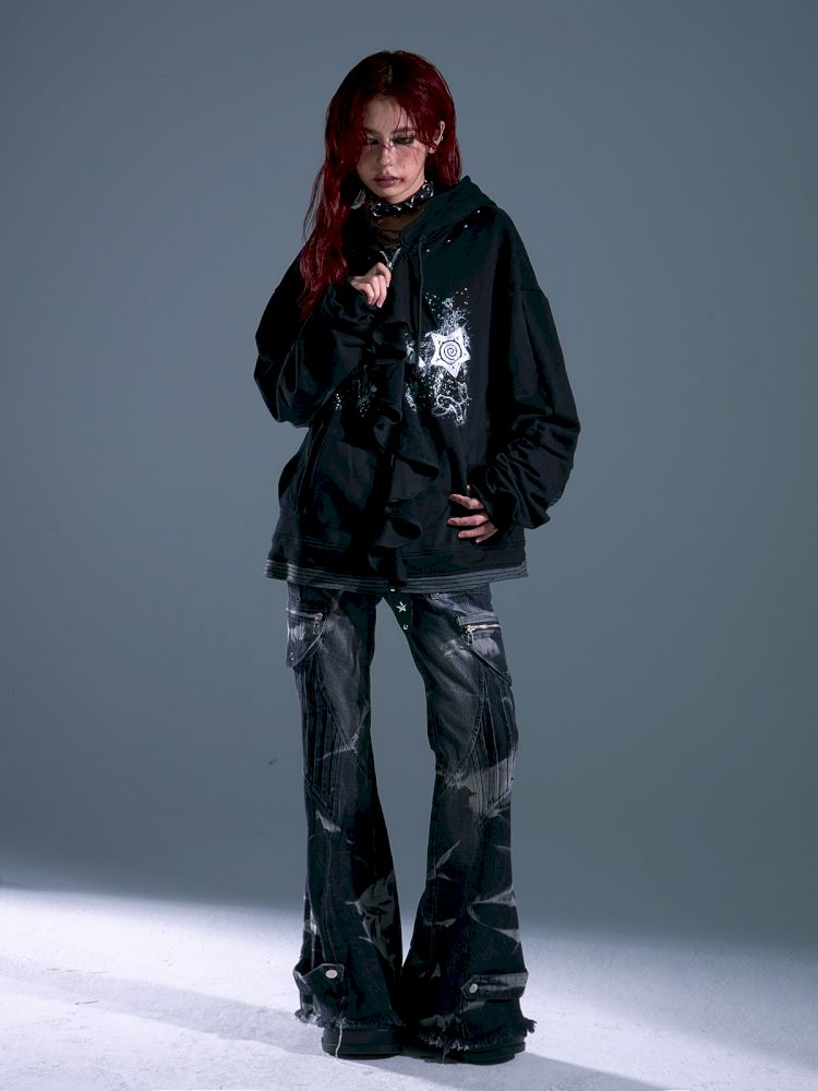 Ruffled Print Hoodie Cardigan【s0000013917】
