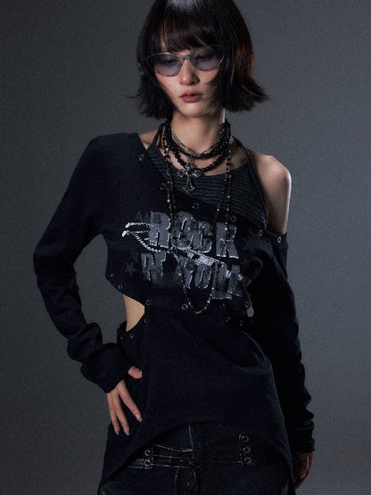 Punk Striped Halter Long-Sleeve T【s0000018003】