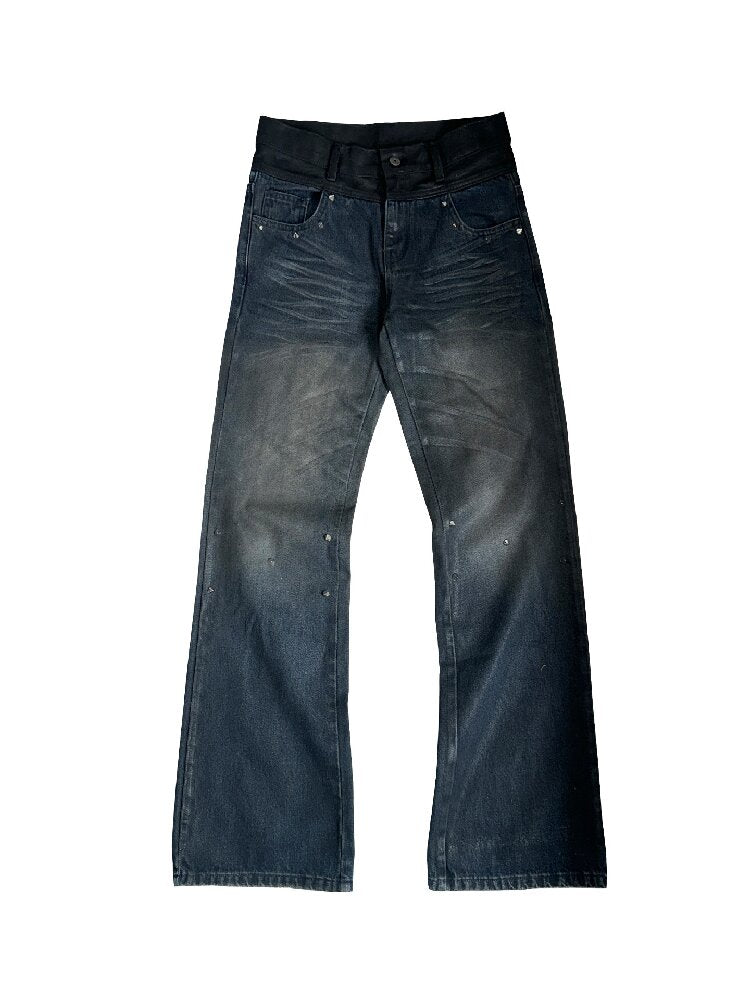 Pleated Patchwork Suede Flared Jeans【s0000019275】