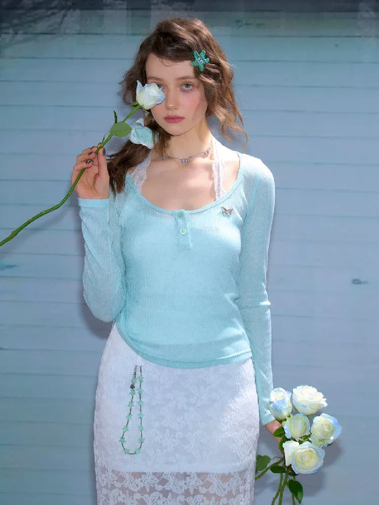 Trim jersey semi-sheer long-sleeved T-shirt 【s0000011676】