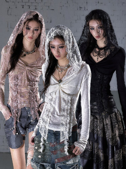 Lace Kink Stretch One Shoulder Top【s0000015933】