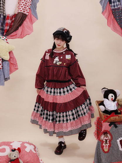 Checkered Patchwork Lace Dress【s0000019285】