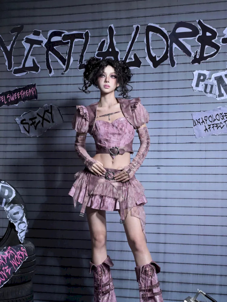 Puff Sleeve Heart-Print Strapless Two-Piece Top【s0000014027】