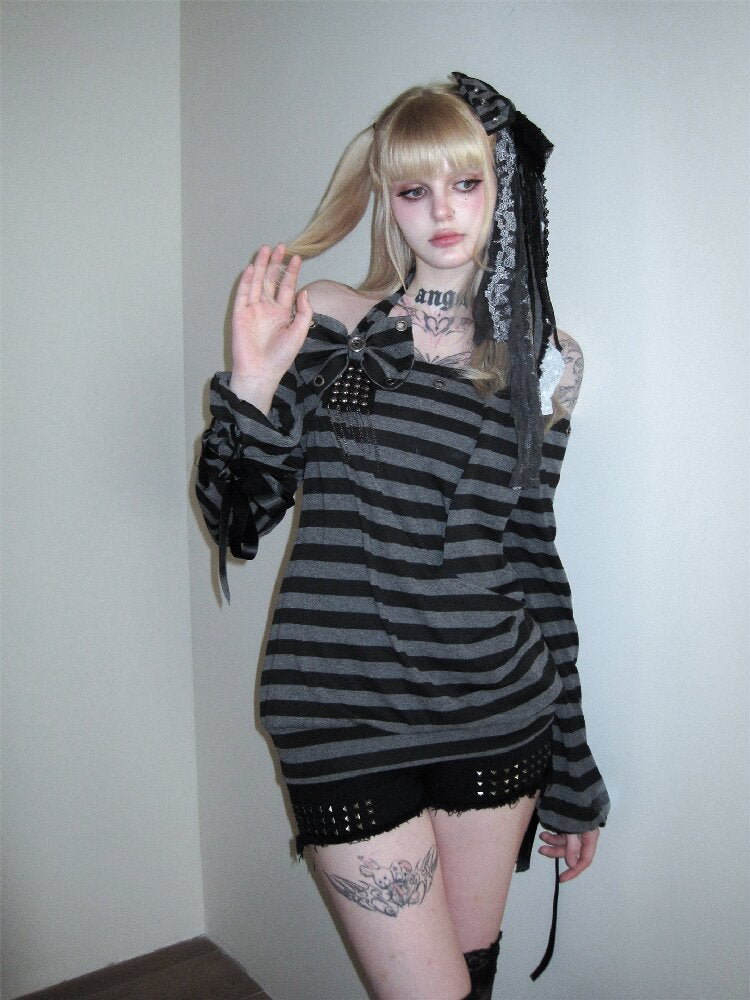 Rivet Eyelet Striped T Shirt【s0000016390】