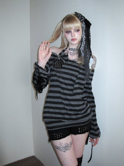 Rivet Eyelet Striped T Shirt【s0000016390】