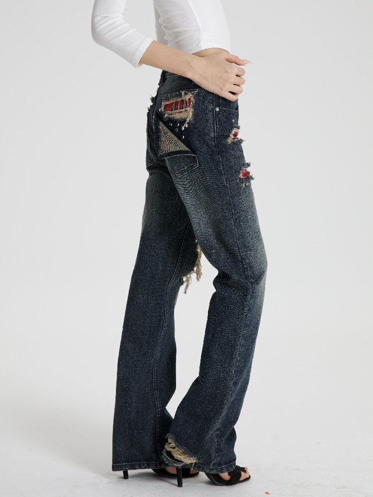 Red Plaid Patch Ripped Jeans【s0000018559】