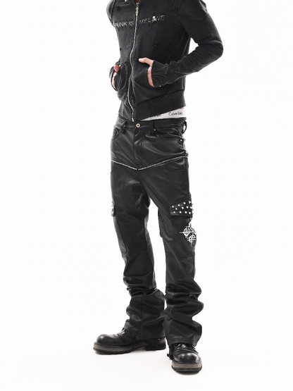 Waxed Leather Patchwork Jeans【s0000018347】