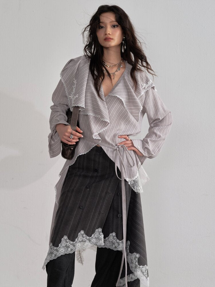 Lace Applique Ruffled Striped Shirt【s0000015700】