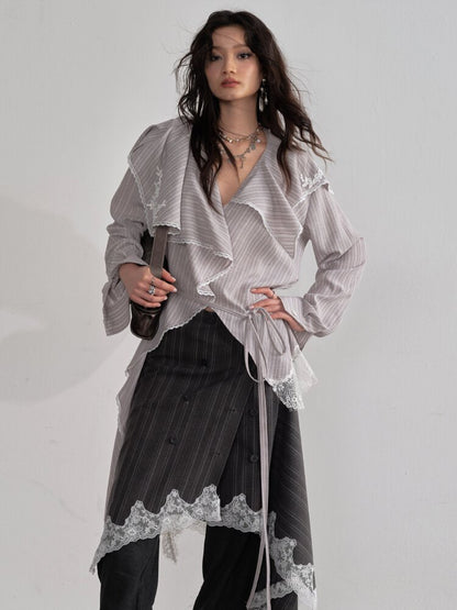Lace Applique Ruffled Striped Shirt【s0000015700】