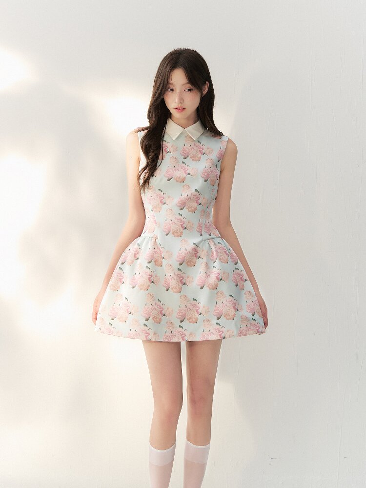 Satin Rose Print Puff Sundress【s0000016877】