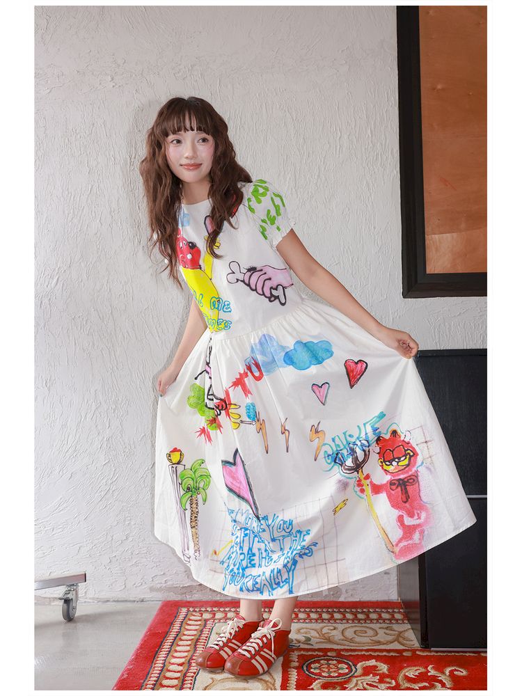 White Graffiti Printed Dress【s0000013336】