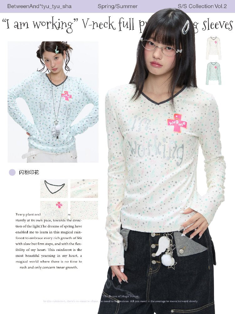 Full Print V Neck Long Sleeve Top【s0000016406】