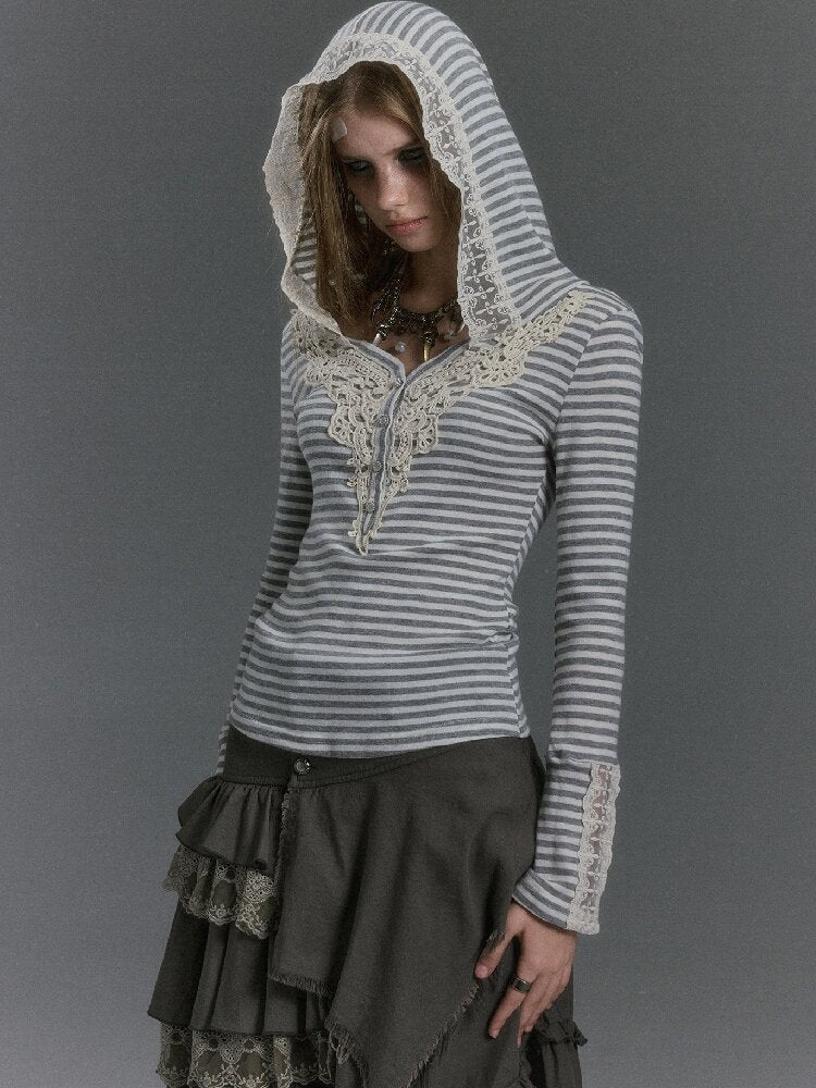 Lace Patchwork Striped Knit Top【s0000019240】
