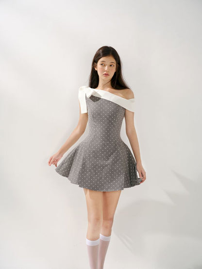 Polka Dot Slant Shoulder Niche Dress【s0000013249】