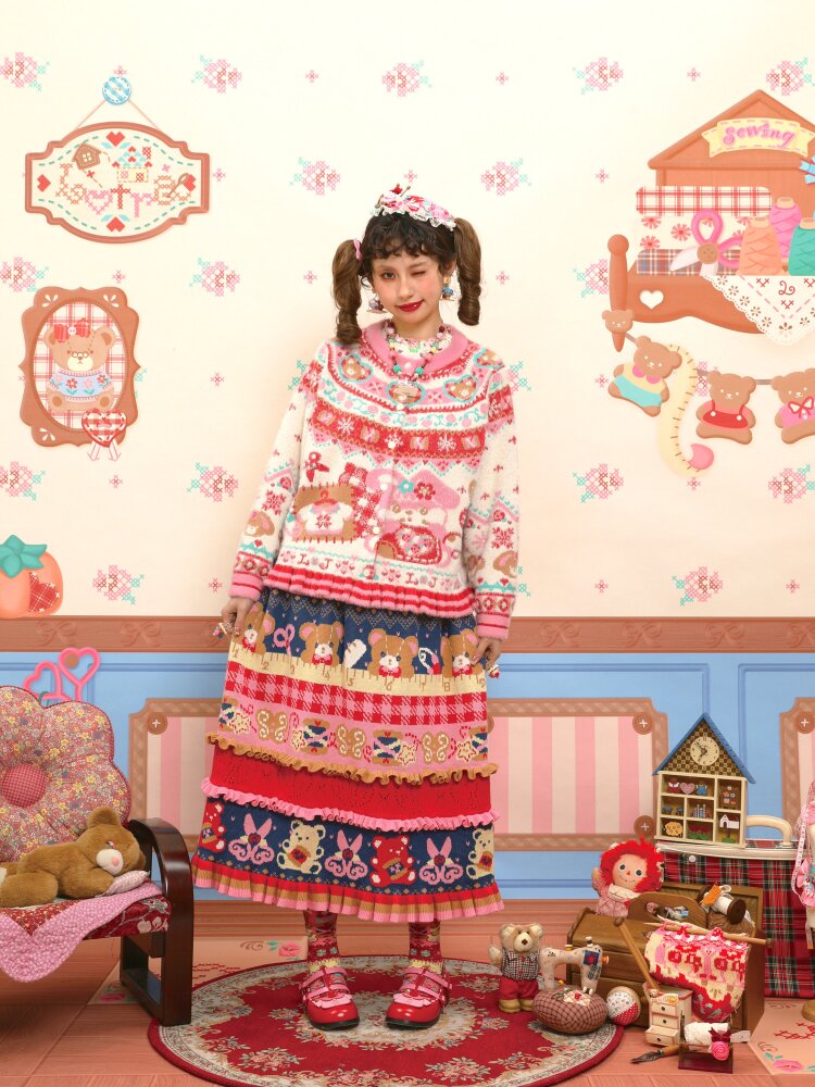 Red Navy Blue Lace Knitted Skirt【s0000015569】