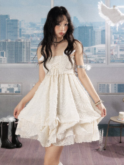 Shirred Lace White Texture Dress【s0000016278】
