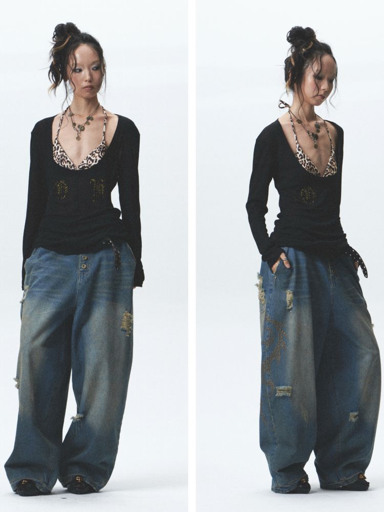 Distressed loose cuffed jeans【s0000012685】