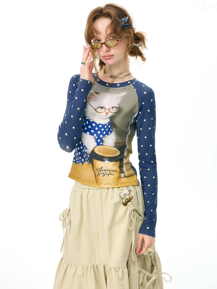 Navy Polka Dot Cat Print Shirt【s0000017894】