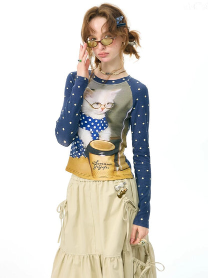 Navy Polka Dot Cat Print Shirt【s0000017894】