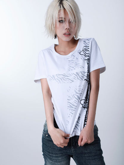 Beige Zebra Print Slim T-shirt【s0000016629】