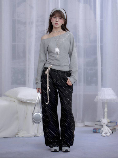 Gray slanted shoulder T-shirt【s0000014371】