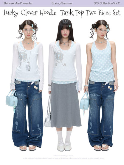 Mint Polka Dot Vest Two Piece Top【s0000016401】