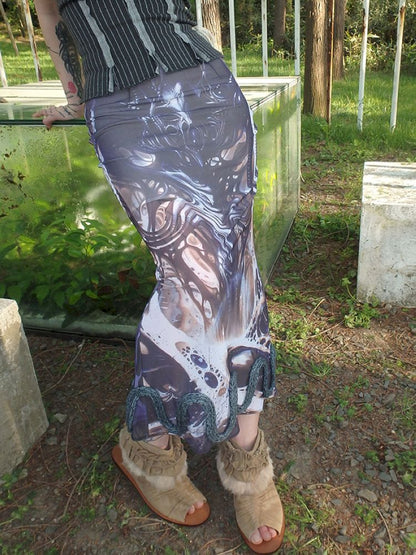 Printed Shaped Slit Mesh Half-body Dress【s0000012466】